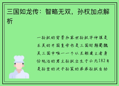 三国如龙传：智略无双，孙权加点解析